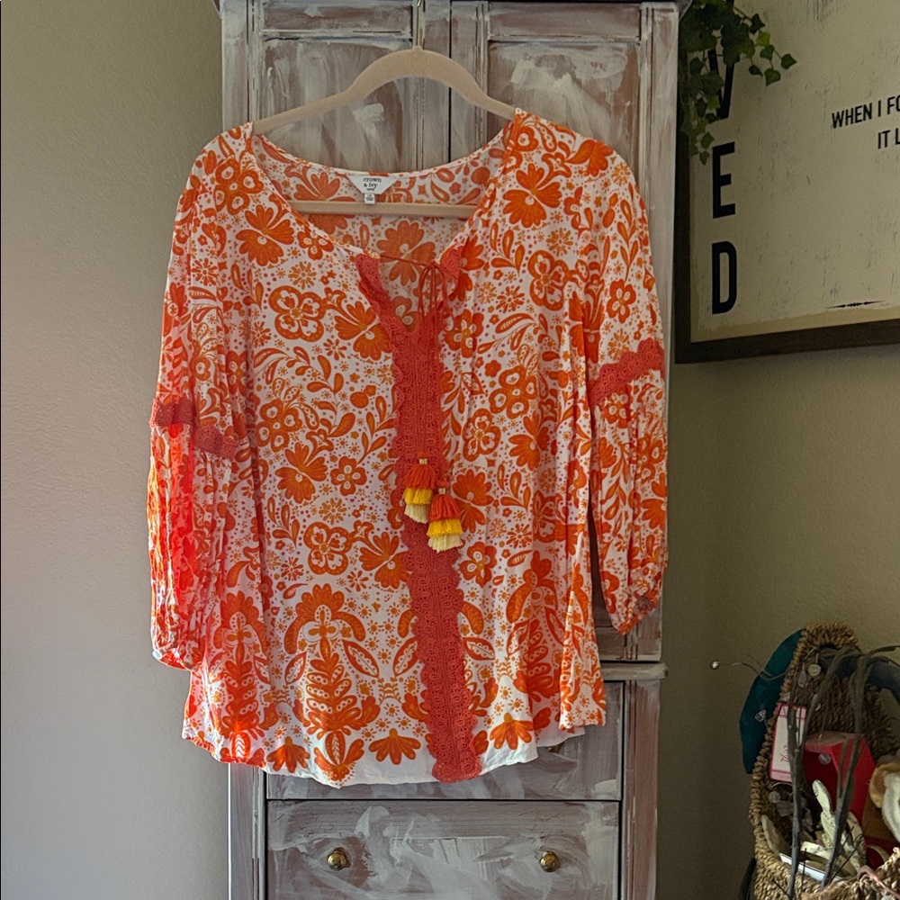 Crown & Ivy Orange and White Floral Blouse